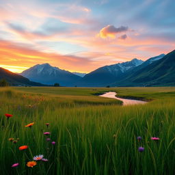 A serene landscape featuring a peaceful meadow bathed in the golden glow of sunset, wildflowers blooming in vibrant colors, with a gentle breeze causing a ripple effect in the tall grass