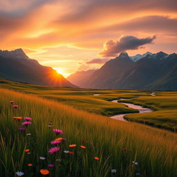 A serene landscape featuring a peaceful meadow bathed in the golden glow of sunset, wildflowers blooming in vibrant colors, with a gentle breeze causing a ripple effect in the tall grass