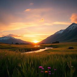 A serene landscape featuring a peaceful meadow bathed in the golden glow of sunset, wildflowers blooming in vibrant colors, with a gentle breeze causing a ripple effect in the tall grass