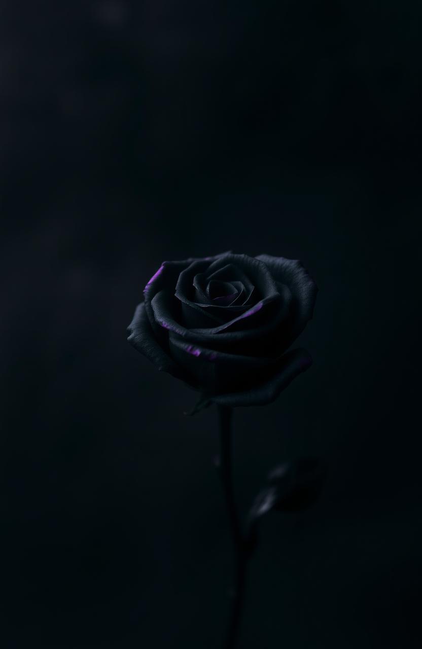 An abstract wallpaper featuring a moderately sized iron rose at the center, colored black with purple edges on the petals