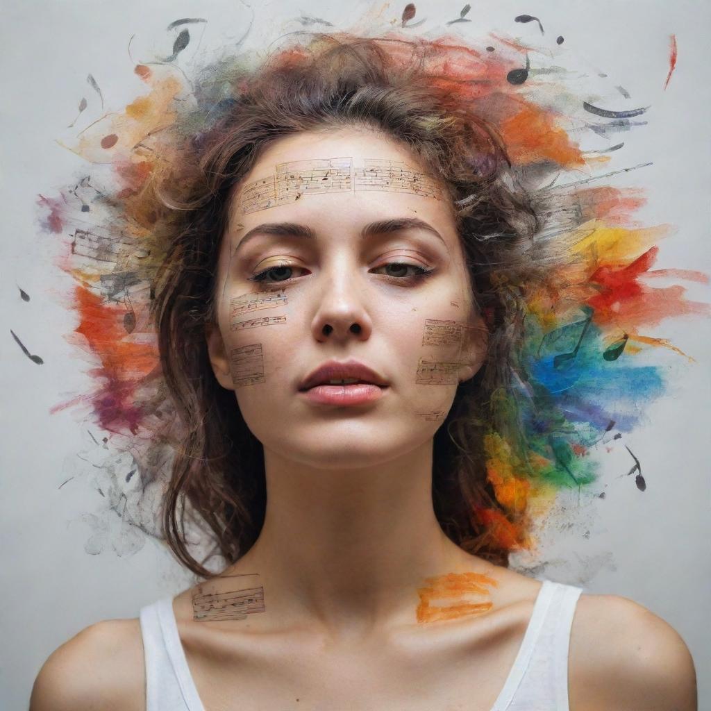 A symbolic self-portrait of a woman deeply immersed in various forms of art; music notes, poetic verses, film strips, and vibrant artistic strokes floating around her, depicting her dilemma and love for creativity.