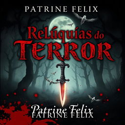 A chilling book cover for a horror story titled "Relíquias do Terror" by author Patrine Felix