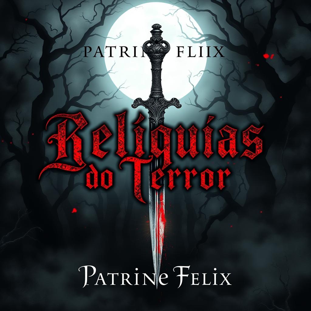 A chilling book cover for a horror story titled "Relíquias do Terror" by author Patrine Felix