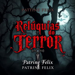 A chilling book cover for a horror story titled "Relíquias do Terror" by author Patrine Felix