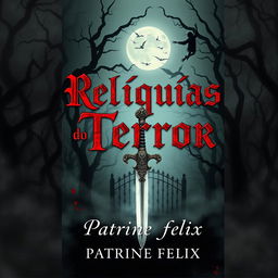 A chilling book cover for a horror story titled "Relíquias do Terror" by author Patrine Felix