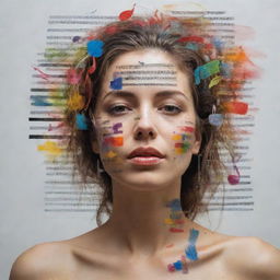 A symbolic self-portrait of a woman deeply immersed in various forms of art; music notes, poetic verses, film strips, and vibrant artistic strokes floating around her, depicting her dilemma and love for creativity.