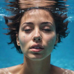 A striking image of a human opening their eyes under crystal clear water, bubbles scattered around.