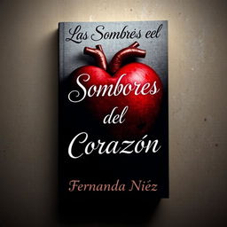 A captivating book cover for 'Las Sombras del Corazón' by Fernanda Núñez, featuring a realistic heart, artistically shaded, placed on a textured canvas background