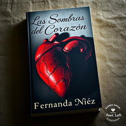 A captivating book cover for 'Las Sombras del Corazón' by Fernanda Núñez, featuring a realistic heart, artistically shaded, placed on a textured canvas background