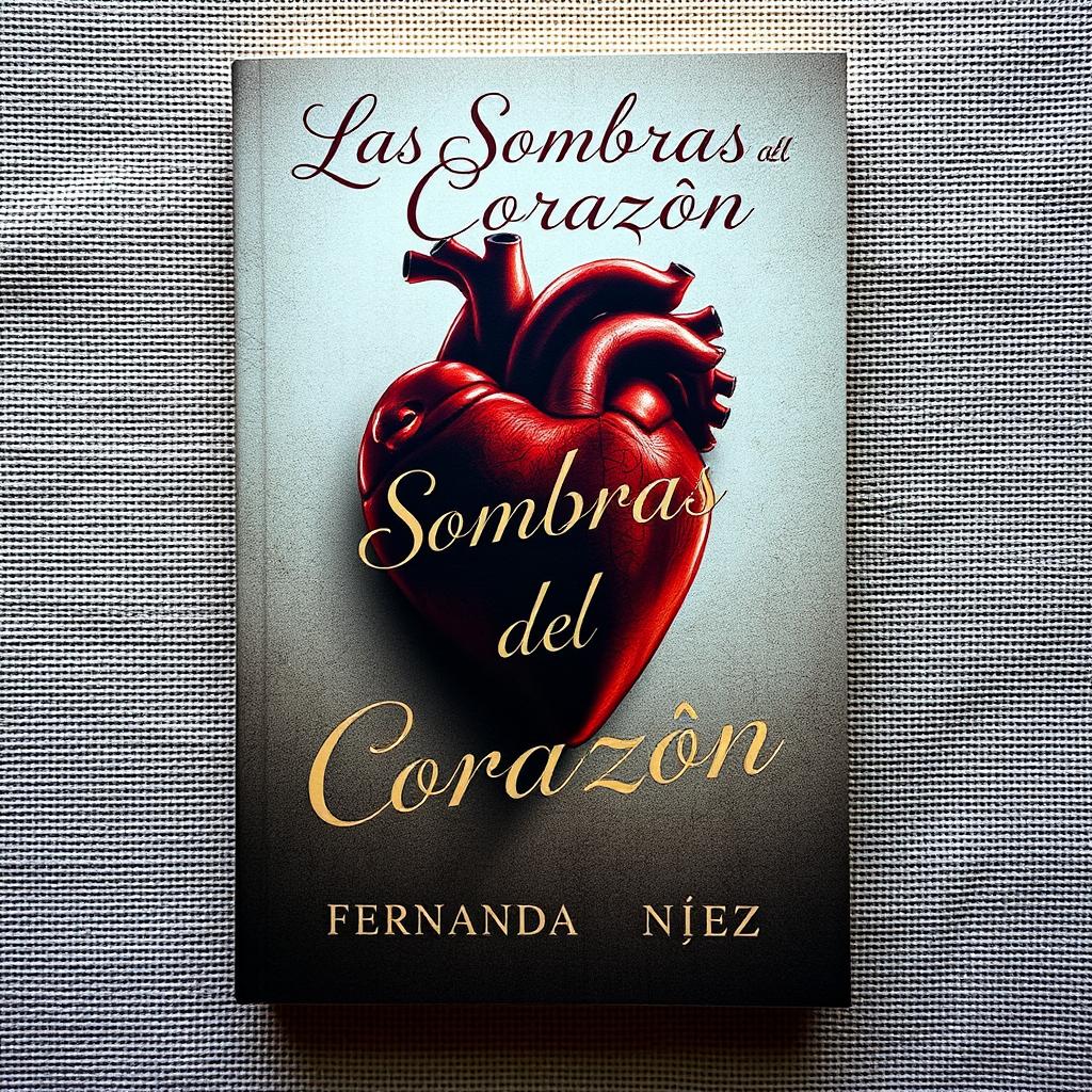 A captivating book cover for 'Las Sombras del Corazón' by Fernanda Núñez, featuring a realistic heart, artistically shaded, placed on a textured canvas background