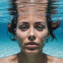 A striking image of a human opening their eyes under crystal clear water, bubbles scattered around.