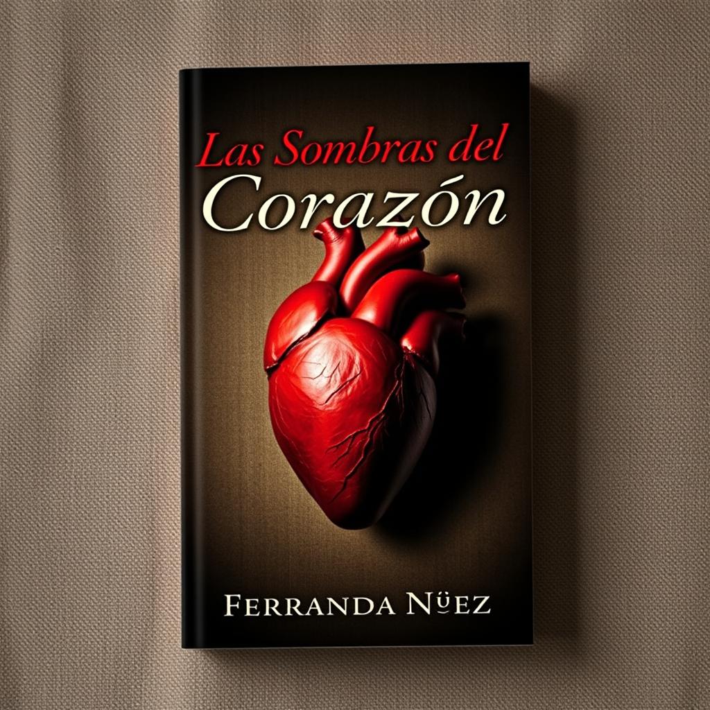 A striking book cover for 'Las Sombras del Corazón' by Fernanda Núñez, featuring a realistic, anatomically correct heart beautifully shaded and placed on a canvas backdrop