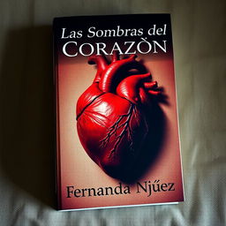 A striking book cover for 'Las Sombras del Corazón' by Fernanda Núñez, featuring a realistic, anatomically correct heart beautifully shaded and placed on a canvas backdrop