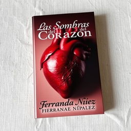 A striking book cover for 'Las Sombras del Corazón' by Fernanda Núñez, featuring a realistic, anatomically correct heart beautifully shaded and placed on a canvas backdrop