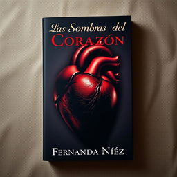 A striking book cover for 'Las Sombras del Corazón' by Fernanda Núñez, featuring a realistic, anatomically correct heart beautifully shaded and placed on a canvas backdrop