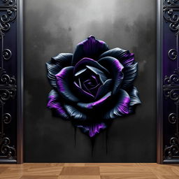 An abstract wallpaper featuring a prominent large iron rose at the center, in black with purple edges on the petals