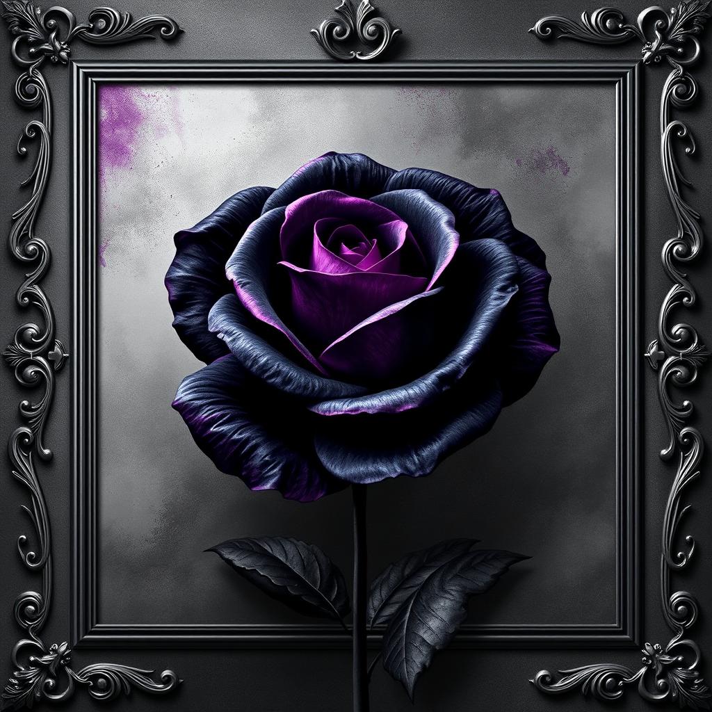 An abstract wallpaper featuring a prominent large iron rose at the center, in black with purple edges on the petals