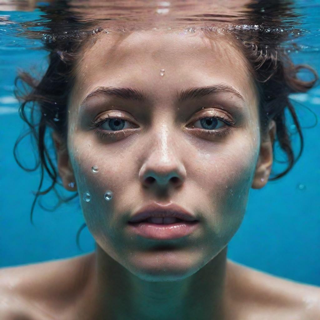 A striking image of a human opening their eyes under crystal clear water, bubbles scattered around.