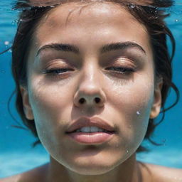 A striking image of a human opening their eyes under crystal clear water, bubbles scattered around.