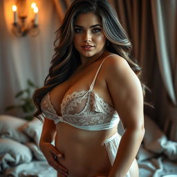 A curvy woman confidently posing in elegant, sexy lingerie