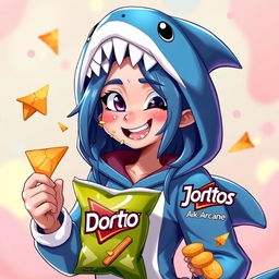 A whimsical depiction of Jinx from Arcane, dressed in a playful shark costume