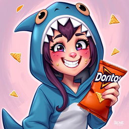 A whimsical depiction of Jinx from Arcane, dressed in a playful shark costume