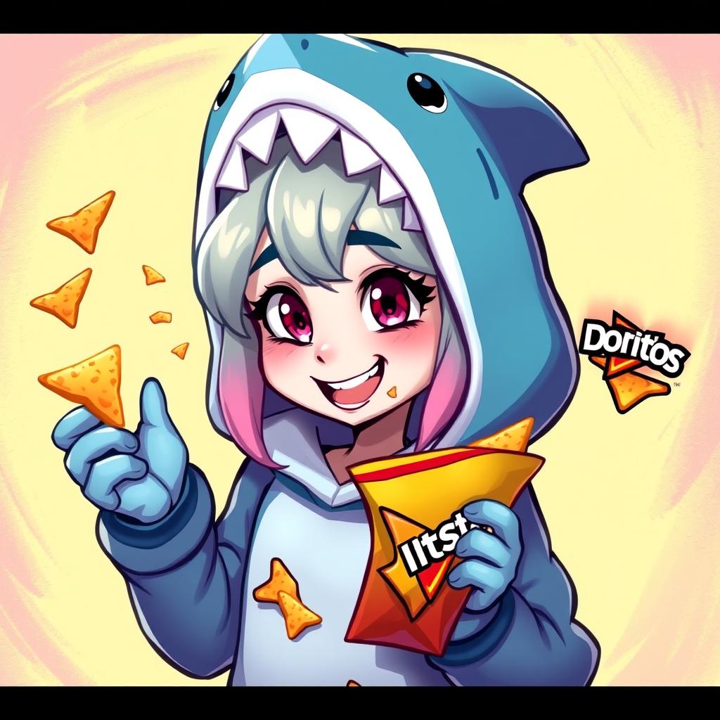 A whimsical depiction of Jinx from Arcane, dressed in a playful shark costume