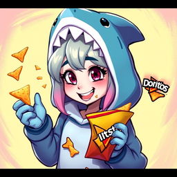 A whimsical depiction of Jinx from Arcane, dressed in a playful shark costume