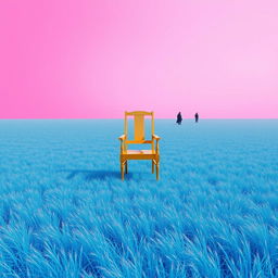 A vast, wide-open field of bright blue grass stretching under a glowing pink sky, creating a dreamlike atmosphere