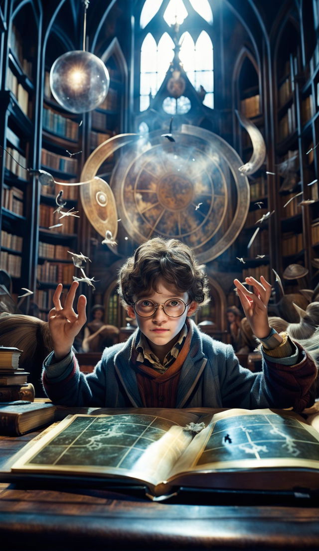 Ultra HD image of a child in the Hogwarts castle library struggling with astrology homework, with invisible Wrackspurts causing confusion, in the style of 'Fantastic Beasts and Where to Find Them'.