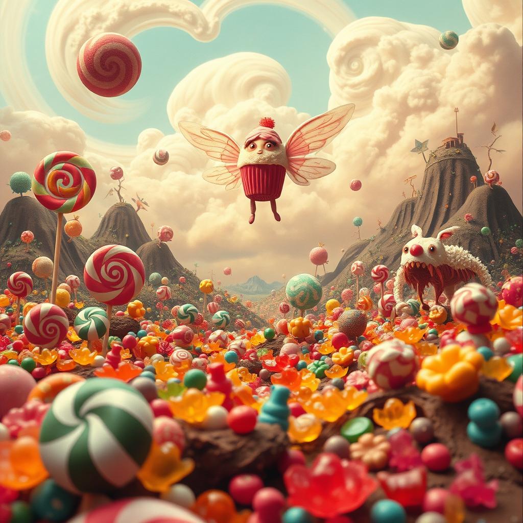 A whimsical and surreal fantasy scene depicting a vibrant candy land bursting with colorful treats and bizarre, exotic creatures