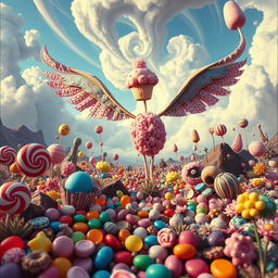 A whimsical and surreal fantasy scene depicting a vibrant candy land bursting with colorful treats and bizarre, exotic creatures