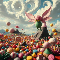 A whimsical and surreal fantasy scene depicting a vibrant candy land bursting with colorful treats and bizarre, exotic creatures