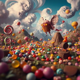 A whimsical and surreal fantasy scene depicting a vibrant candy land bursting with colorful treats and bizarre, exotic creatures