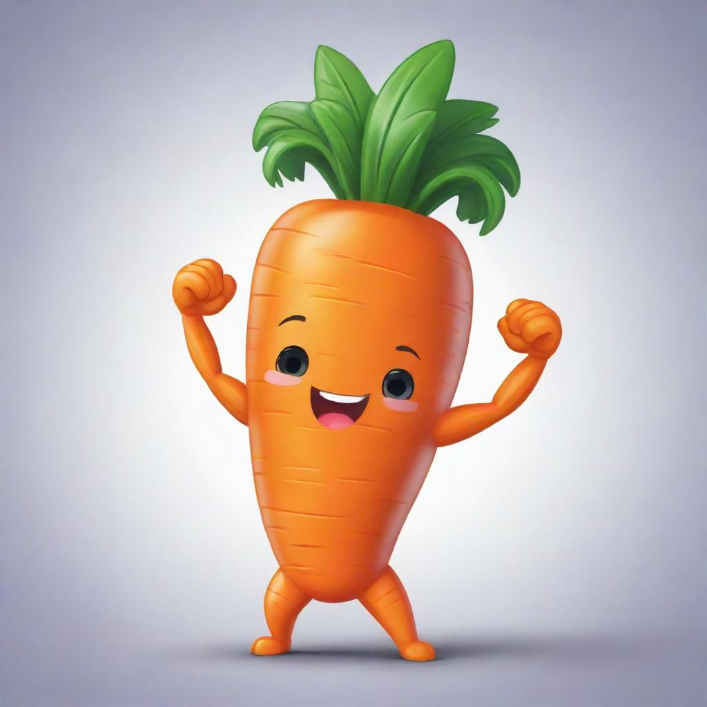 A chibi-style carrot with exaggerated, muscular arms flexing its strength, characterized by enlarged features and vibrant colors.