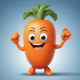 A chibi-style carrot with exaggerated, muscular arms flexing its strength, characterized by enlarged features and vibrant colors.