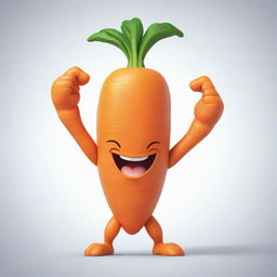 A chibi-style carrot with exaggerated, muscular arms flexing its strength, characterized by enlarged features and vibrant colors.