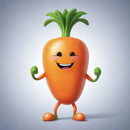 A chibi-style carrot with exaggerated, muscular arms flexing its strength, characterized by enlarged features and vibrant colors.