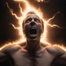 An intense portrayal of a human figure imbued with godlike powers, eyes flaring open as they shout passionately. The atmosphere is electrified by their power.