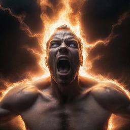 An intense portrayal of a human figure imbued with godlike powers, eyes flaring open as they shout passionately. The atmosphere is electrified by their power.