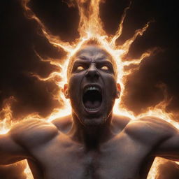 An intense portrayal of a human figure imbued with godlike powers, eyes flaring open as they shout passionately. The atmosphere is electrified by their power.