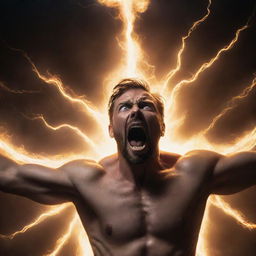 An intense portrayal of a human figure imbued with godlike powers, eyes flaring open as they shout passionately. The atmosphere is electrified by their power.