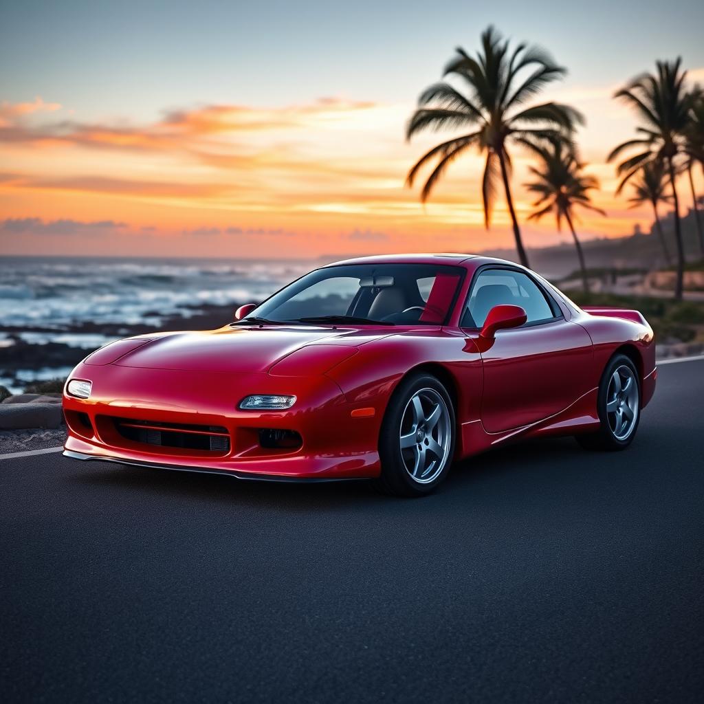 A stunning Mazda RX7 FD3S parked on a scenic coastal road at sunset, showcasing its sleek lines and distinctive RX7 features