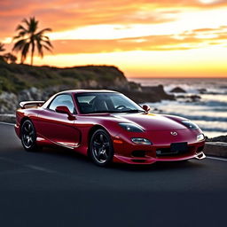 A stunning Mazda RX7 FD3S parked on a scenic coastal road at sunset, showcasing its sleek lines and distinctive RX7 features