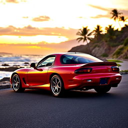 A stunning Mazda RX7 FD3S parked on a scenic coastal road at sunset, showcasing its sleek lines and distinctive RX7 features