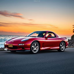 A stunning Mazda RX7 FD3S parked on a scenic coastal road at sunset, showcasing its sleek lines and distinctive RX7 features