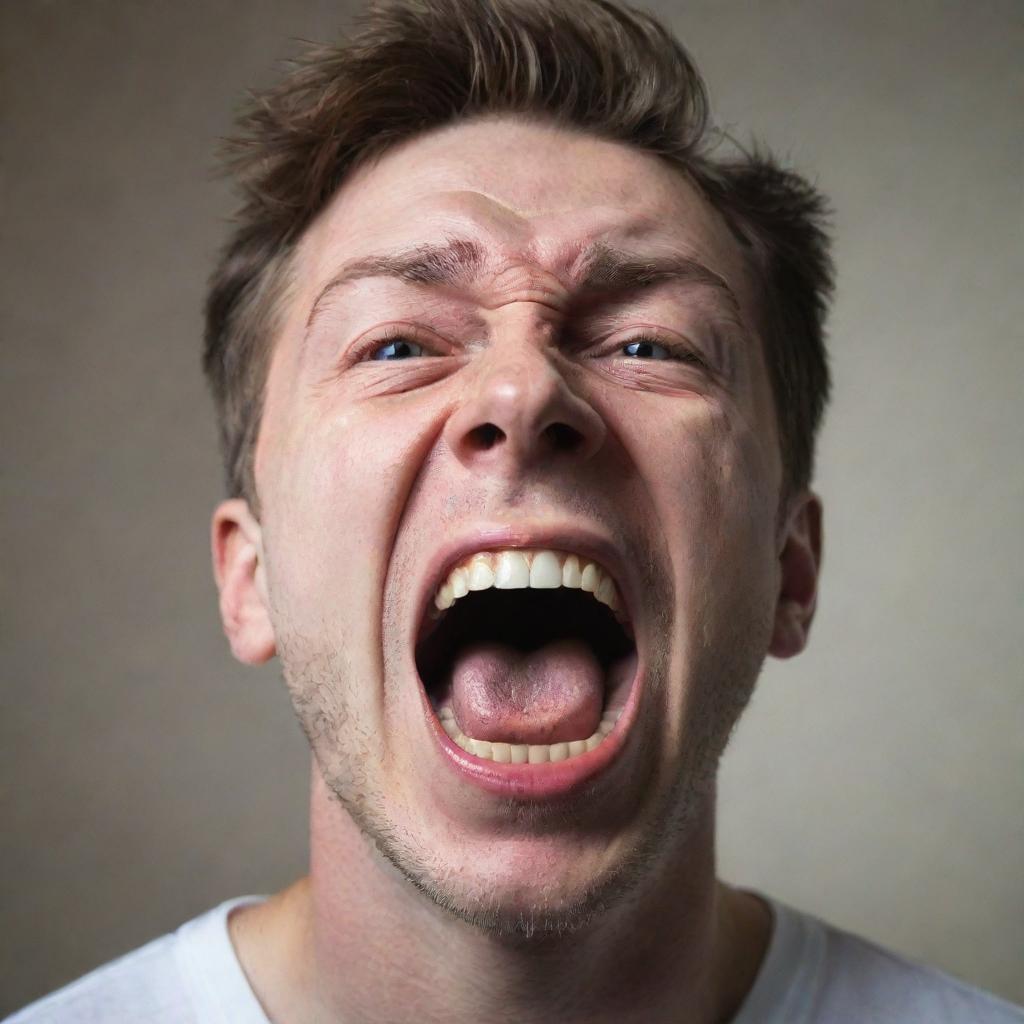 A highly-emotive portrait of a human being shouting out loud and opening their eyes wide, expressing a potent mix of determination and desperation.