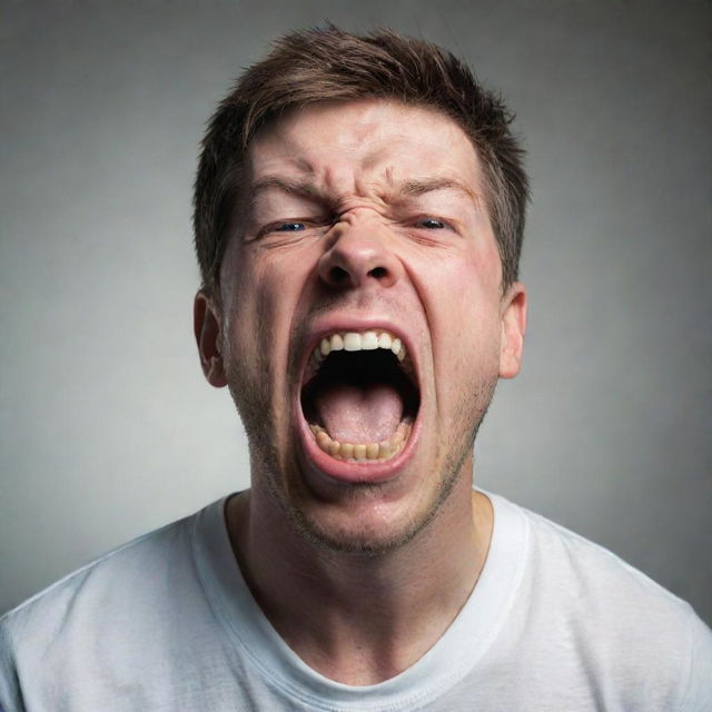 A highly-emotive portrait of a human being shouting out loud and opening their eyes wide, expressing a potent mix of determination and desperation.