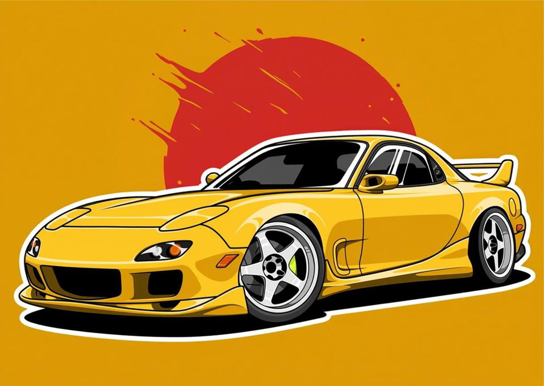 A sleek Mazda RX-7 FD3S in a vibrant yellow color, set against a futuristic cyberpunk cityscape