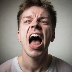 A highly-emotive portrait of a human being shouting out loud and opening their eyes wide, expressing a potent mix of determination and desperation.